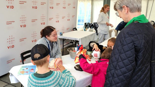Fra VIDs stand på Forskningstorget i fjor. To barn studerer en modell av kroppen sammen med bestemor. Student fra VID sitter og ser sammen med dem.