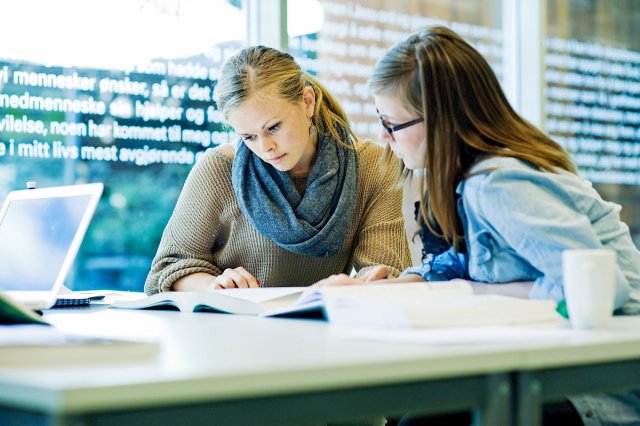 To studenter på et bibliotek sitter og leser